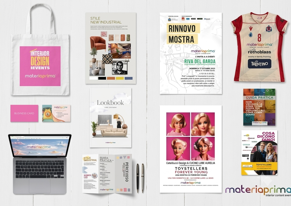 Case study di brand identity: collage di materiali promozionali coordinati, tra cui shopper, lookbook, gadget e volantini.