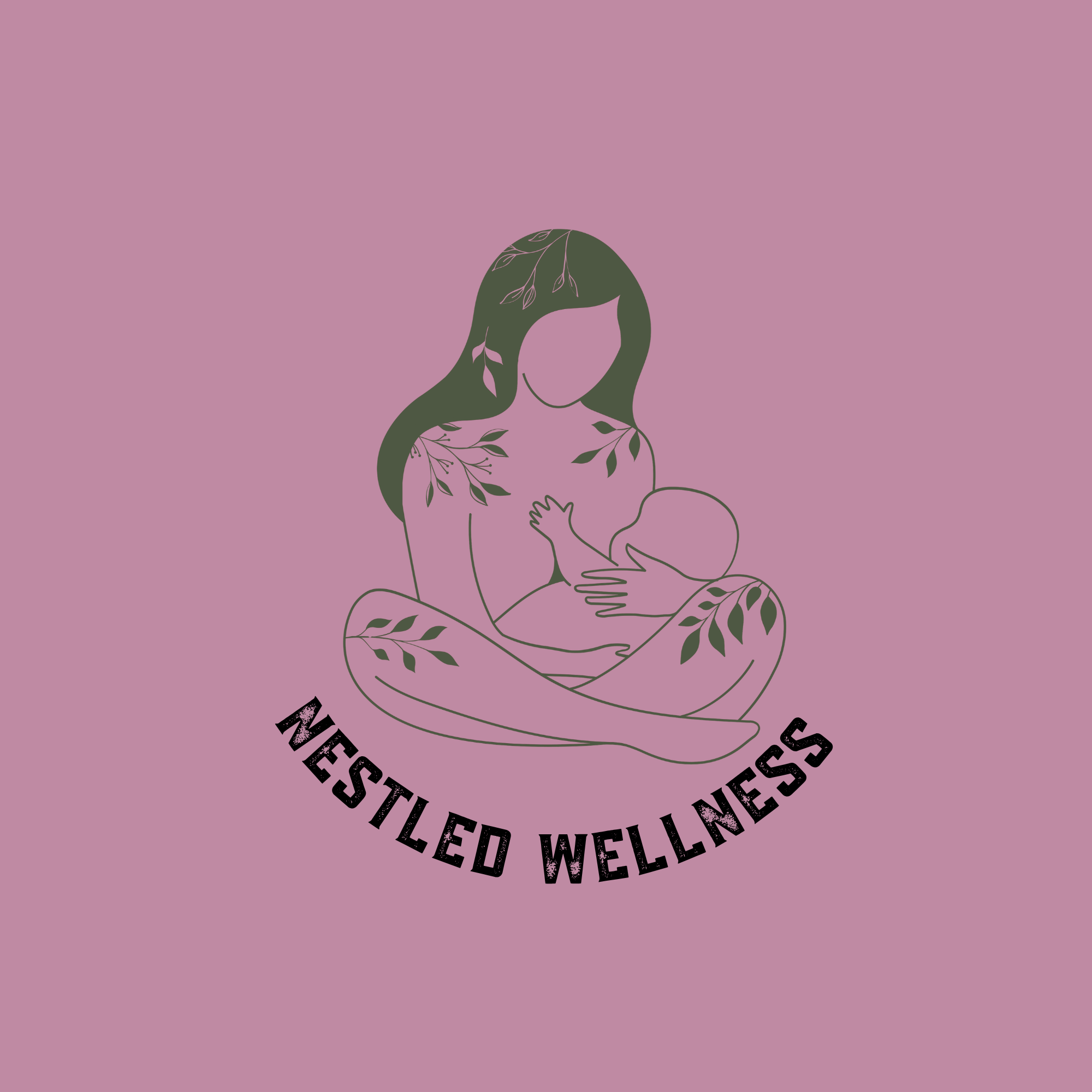 Rose pink background with forest green, line drawn woman sitting cross legged holding a nursing baby. Nestled Wellness is written in black below the woman