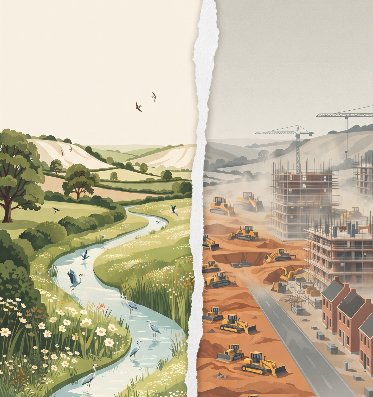 A split illustration showing a natural, peaceful environment with green hills, trees, a river, and birds on the left side; and an ongoing construction site with cranes, buildings, and heavy machinery on the right side.