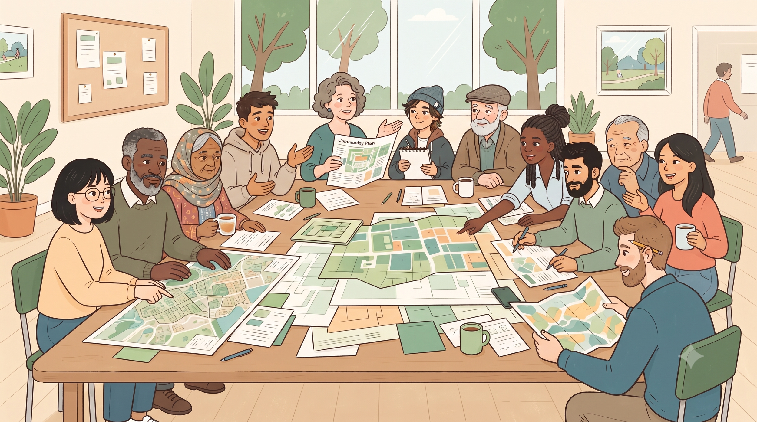 A diverse group of people sit around a table discussing community plans. They have maps, papers, and coffee cups. The room has large windows with trees outside, and artwork on the walls.