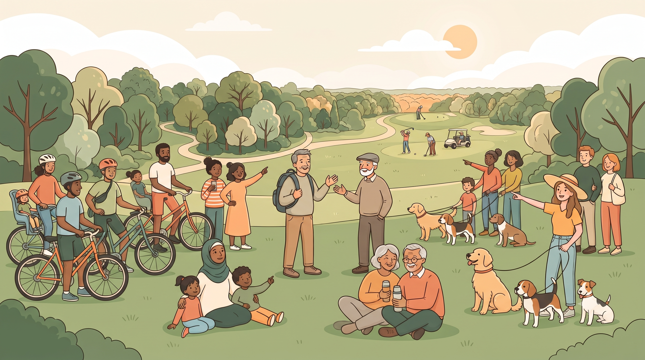 Illustration of a diverse group of people gathered outdoors on a sunny day at a park, engaging in various activities including cycling, walking dogs, talking, and relaxing.