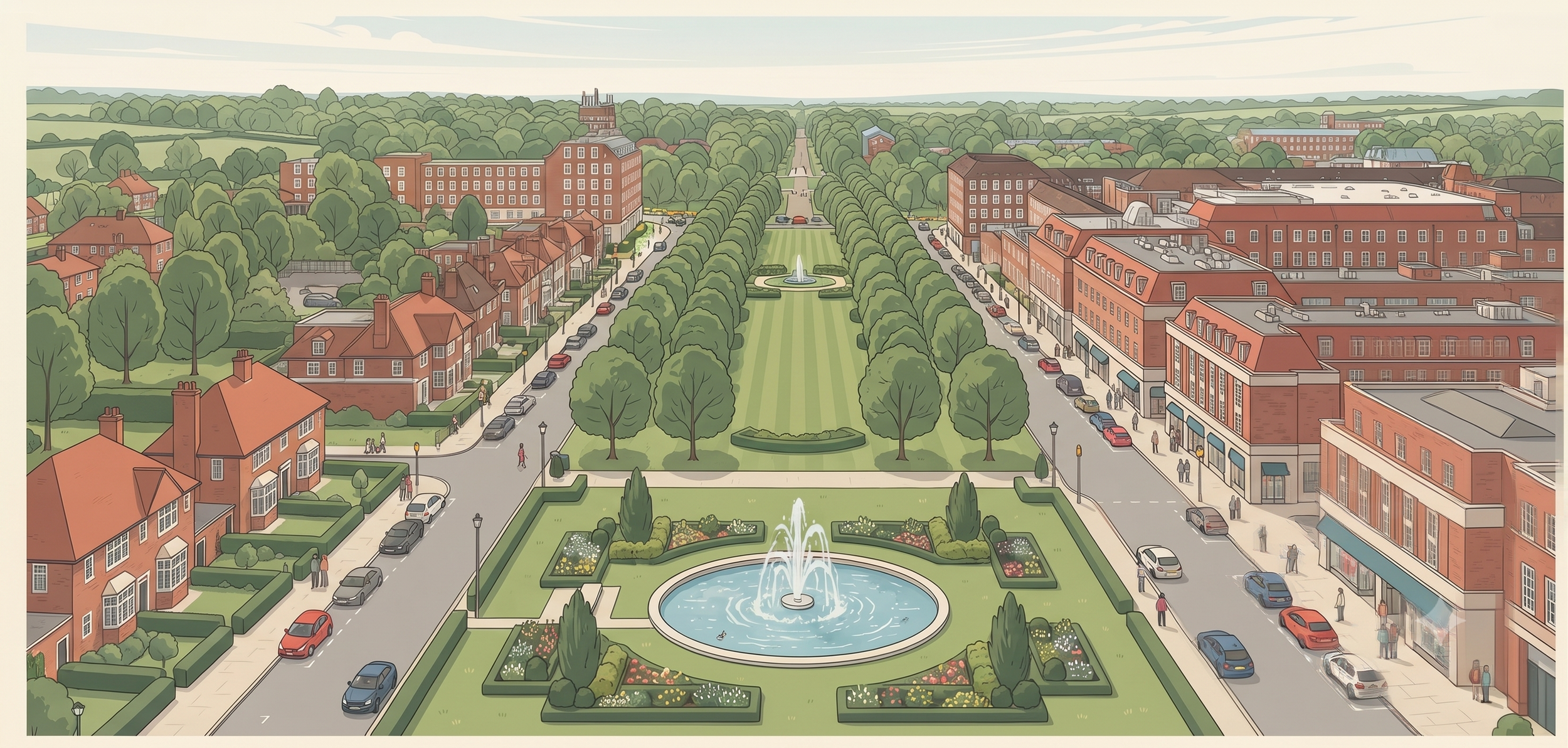 An aerial view of a city park with a central fountain, surrounded by green lawns, trees, and flower beds. Streets with parked cars and pedestrians line the park, with buildings and residential houses in the background.