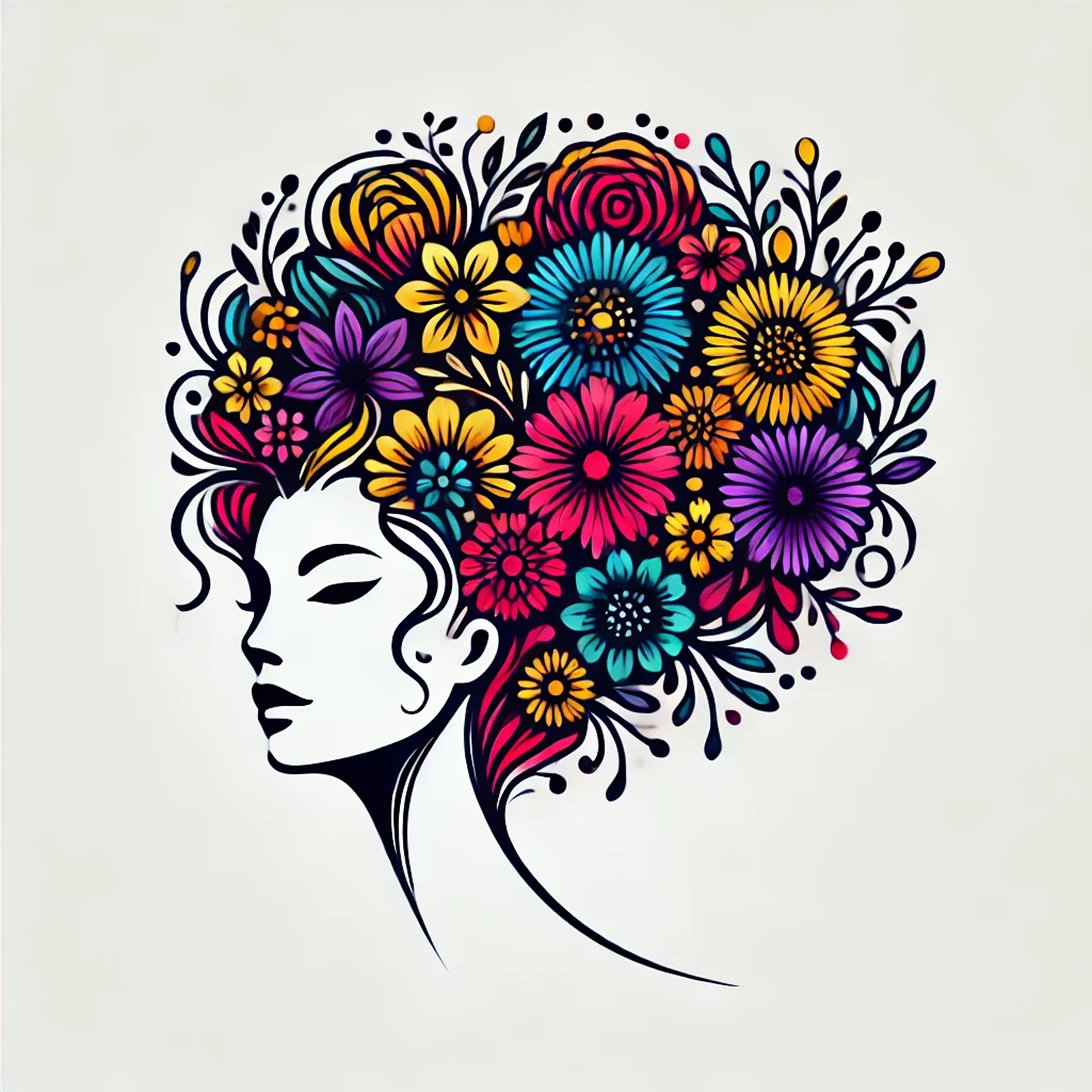 Portrait stylisé d'une femme au profil, avec une coiffure formée de fleurs colorées et de feuilles.