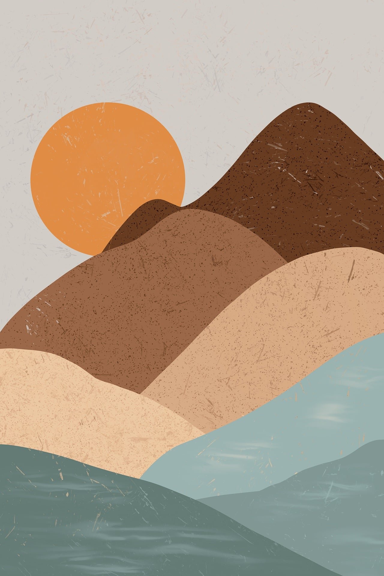 Un dessin minimaliste représentant des montagnes aux tons marron et beige, avec un soleil orange en arrière-plan et une étendue d'eau en bas.