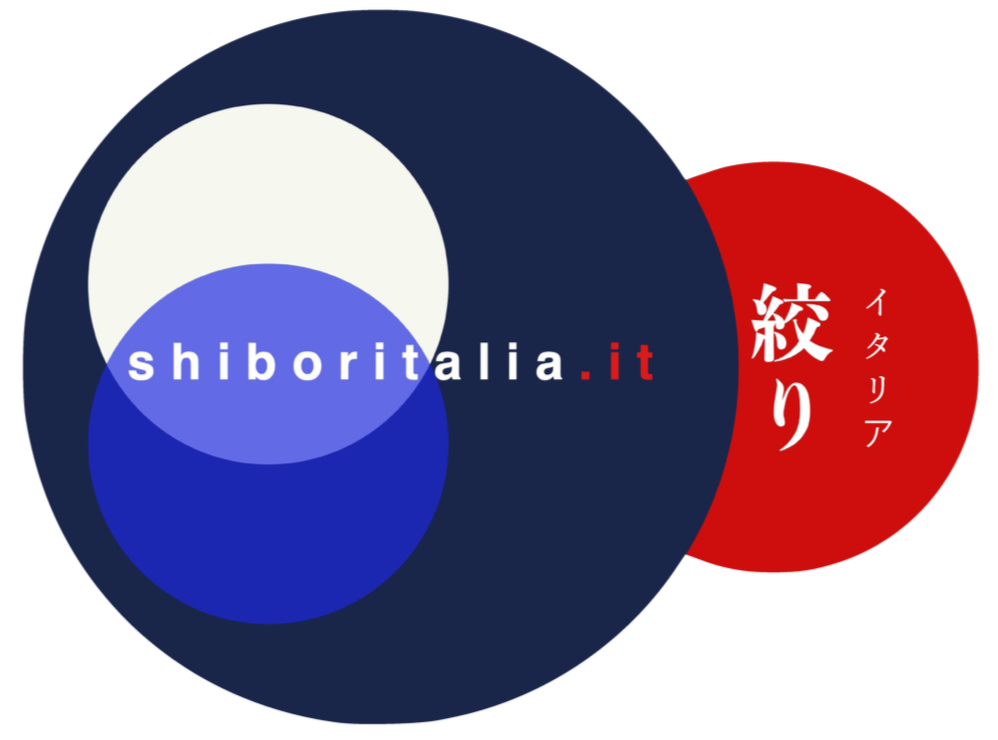 Logo shiboritalia con cerchi sovrapposti blu, bianco e rosso con testo  giapponese e italiano