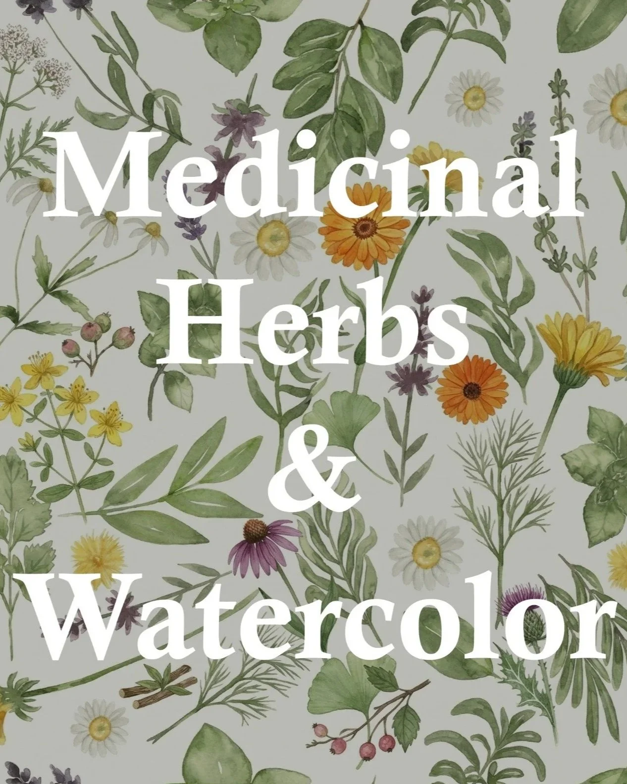 Fondo con ilustraciones de plantas y flores silvestres, con texto en español que dice 'Medicinal Herbs & Watercolor'