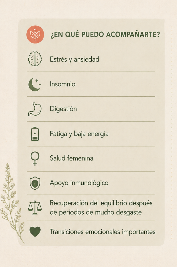 Lista de formas en que puedo acompañarte, incluyendo manejo del estrés y ansiedad, insomnio, digestión, fatiga y baja energía, salud femenina, apoyo inmunológico, recuperación del equilibrio tras desgaste, y transiciones emocionales.