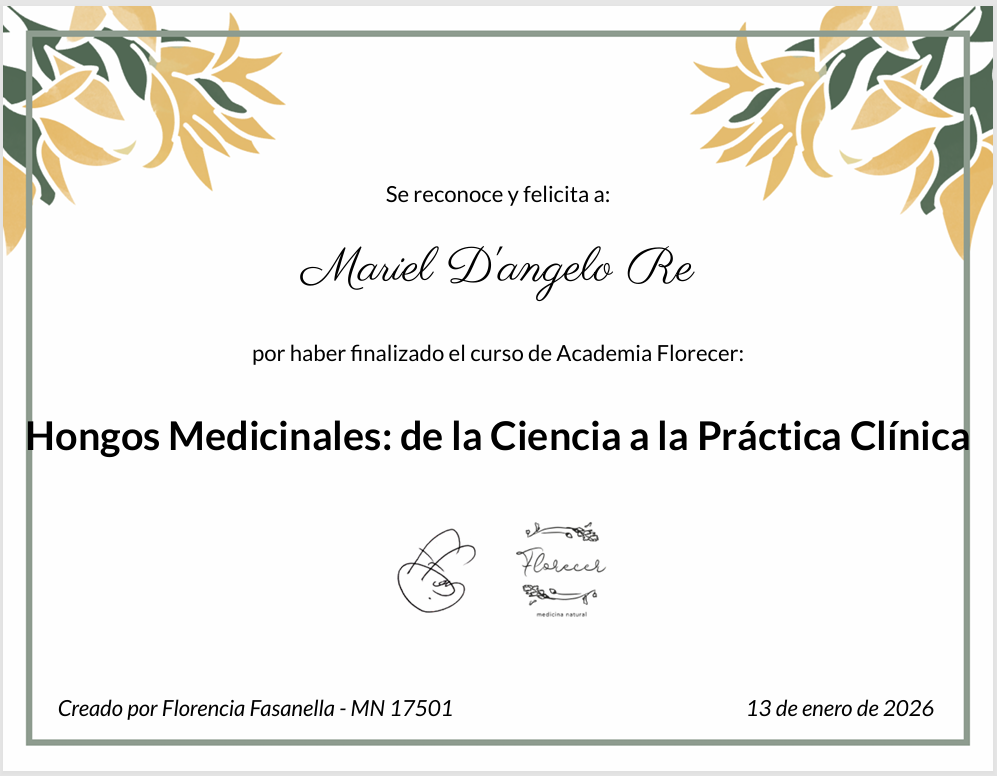 Certificate of completion for a course on medicinal mushrooms, featuring a floral design and a signature