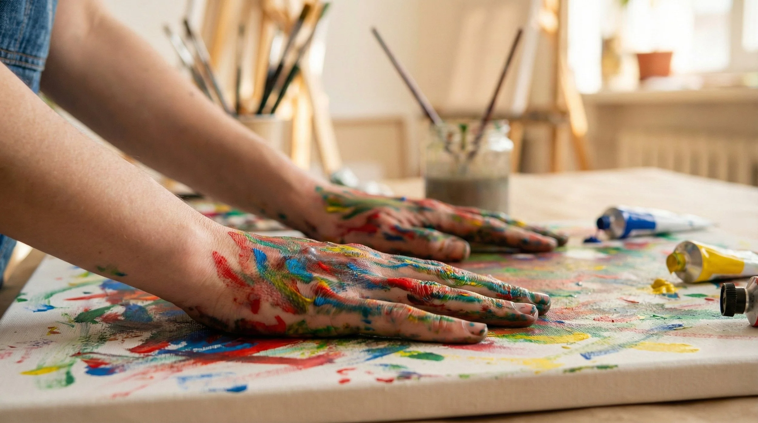 Hände, die beim Malen mit bunten Farben auf einer Leinwand verschmutzt sind, im Hintergrund Pinseltöpfe auf einem Tisch in einem gut beleuchteten Raum.