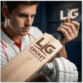 A young male cricket coach holding a cricket bat with 'LG Cricket Coach' branding, wearing white gloves.