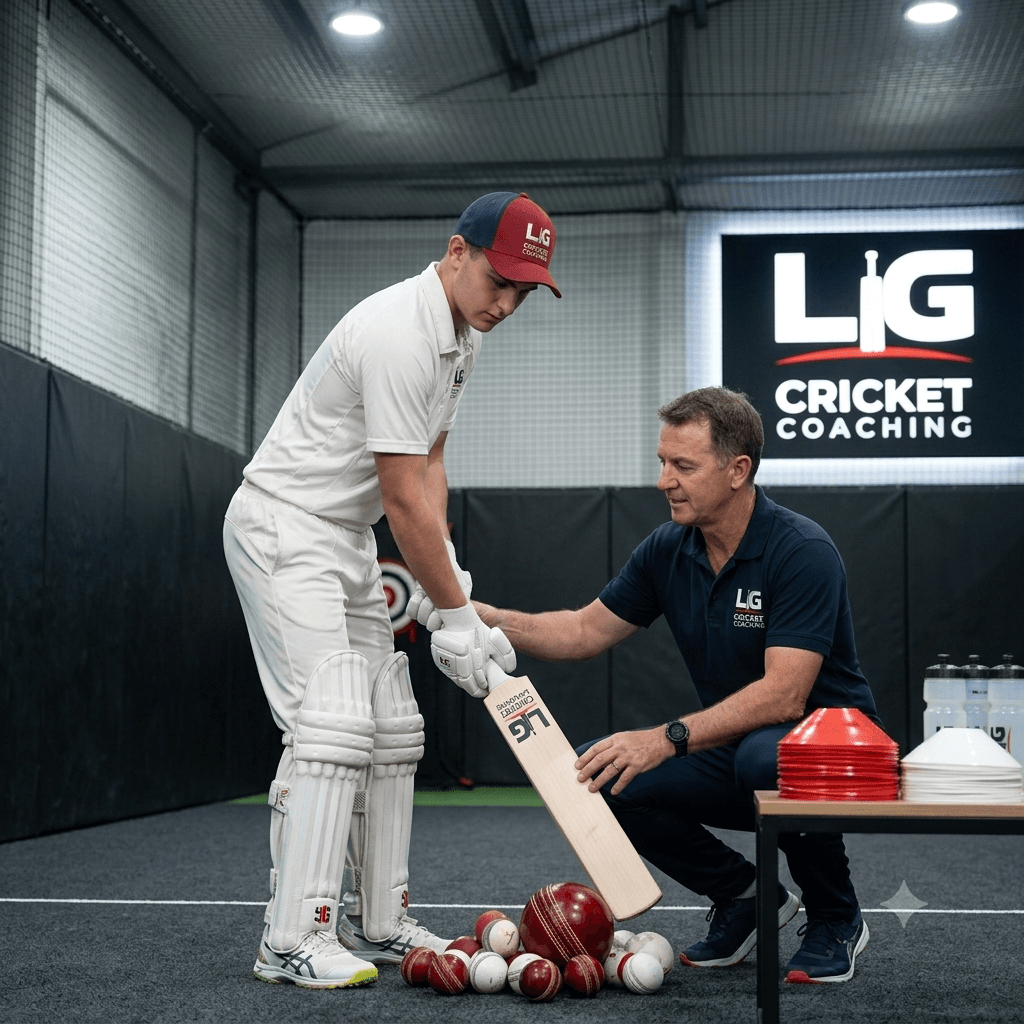 Cricket coach assisting a young male player with batting equipment inside a training facility, with a sign reading "LIG Cricket Coaching" in the background.