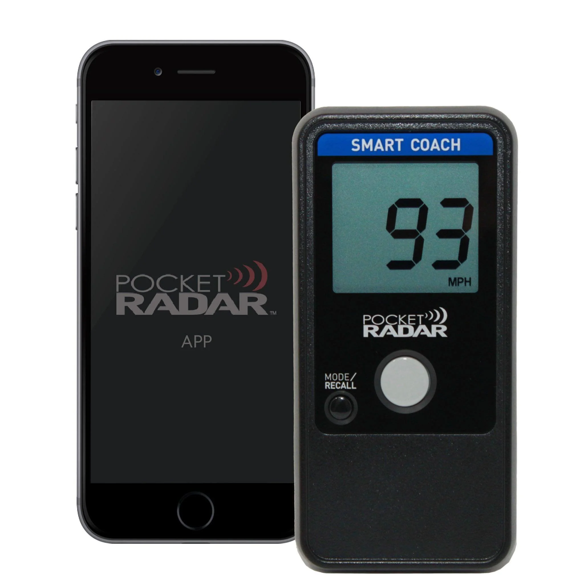 Close-up of a digital speedometer displaying 39 MPH and a Black and Gray Pocket Radar device with a screen showing 'SMART COACH' and a Bluetooth icon.