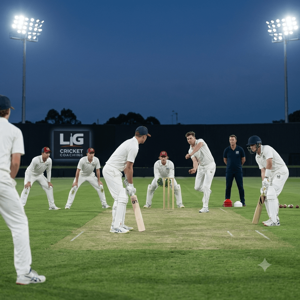 Cricket players practicing batting and fielding drills on a grassy field under stadium lights at dusk.