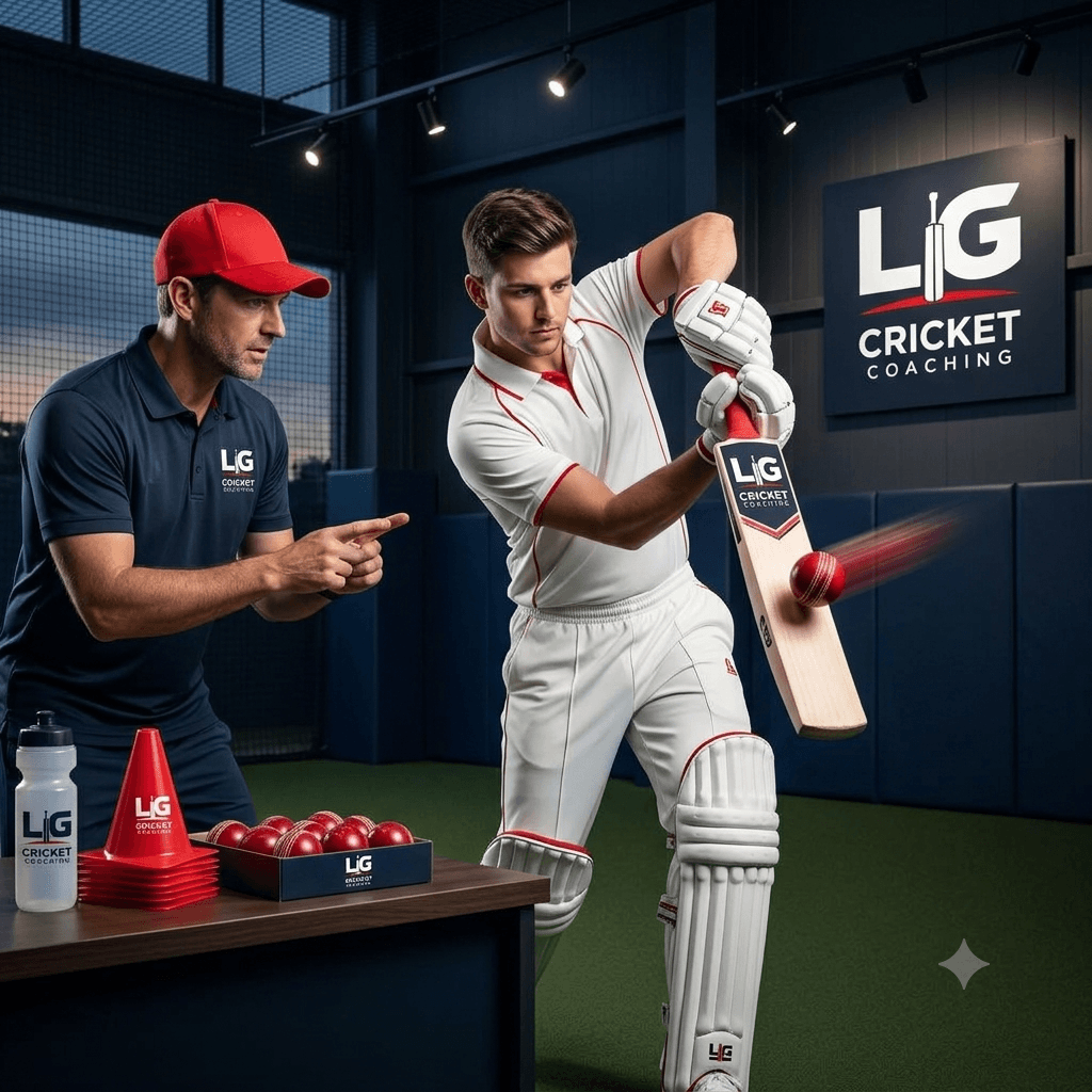 A young male cricket player practicing batting in a sports facility, guided by a coach. The coach is pointing at something, and the player is using a cricket bat to hit a red ball. There are training items like red cones, balls, and water bottles on a table nearby. A sign on the wall reads 'LIG Cricket Coaching'.