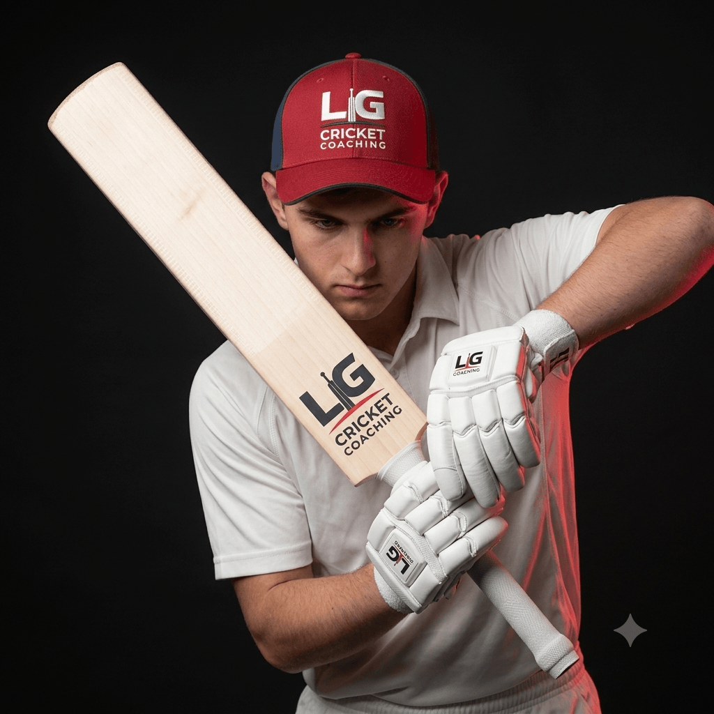 A young male cricket player wearing a red cap, white shirt, and white batting gloves, holding a cricket bat with both hands, against a black background.