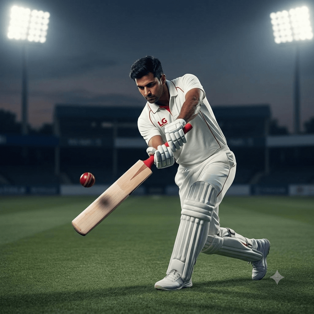 A cricket player in white uniform with batting gloves and leg pads is swinging a cricket bat to hit a red cricket ball on a cricket field at night, with stadium lights overhead.