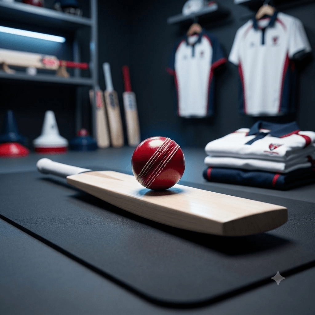 Cricket bat, red cricket ball, and cricket equipment in a locker room, with cricket jerseys hanging on the wall.
