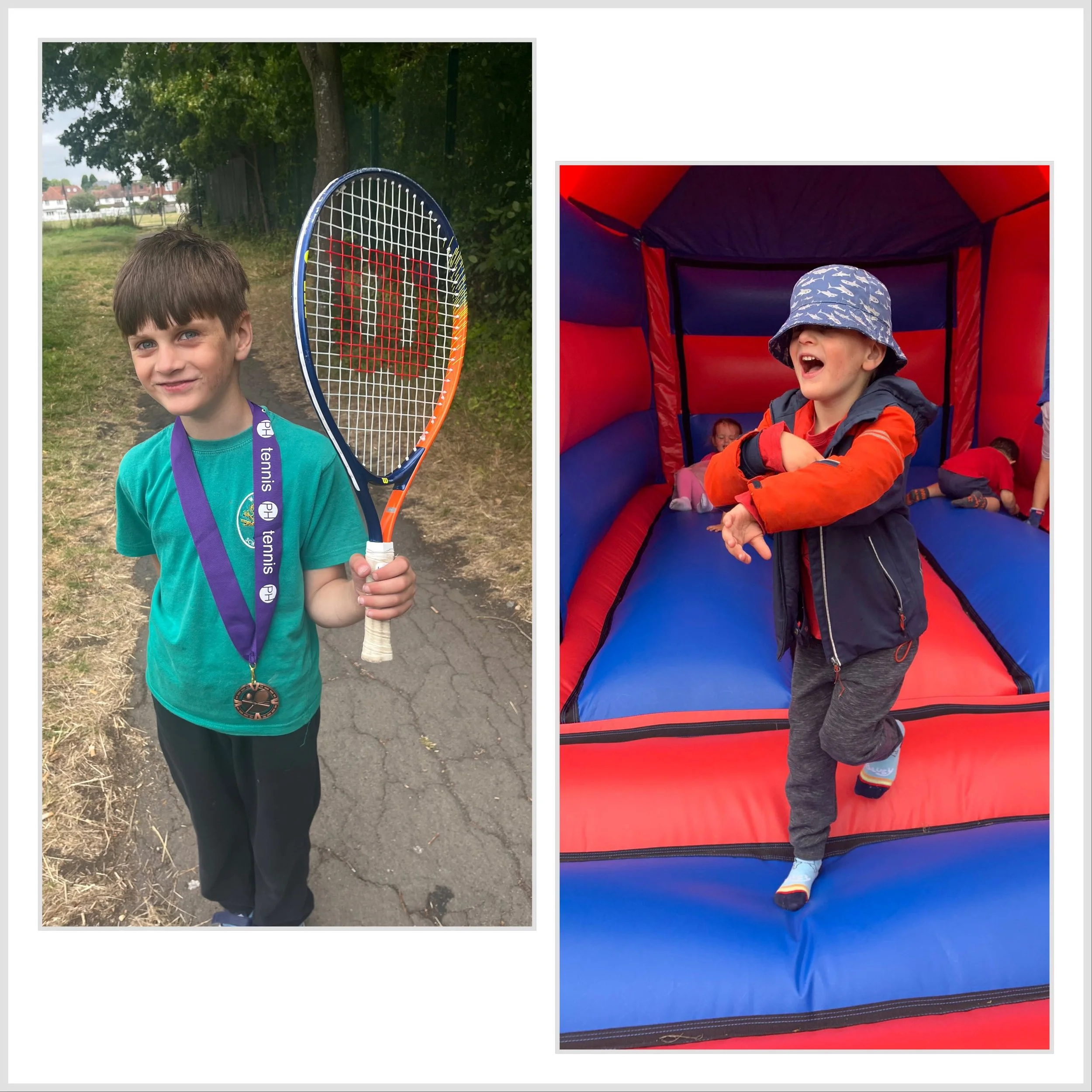 Two children enjoying outdoor activities; one holding a tennis racket and wearing a medal, the other playing on a red and blue inflatable bounce house, wearing a bucket hat and orange jacket.