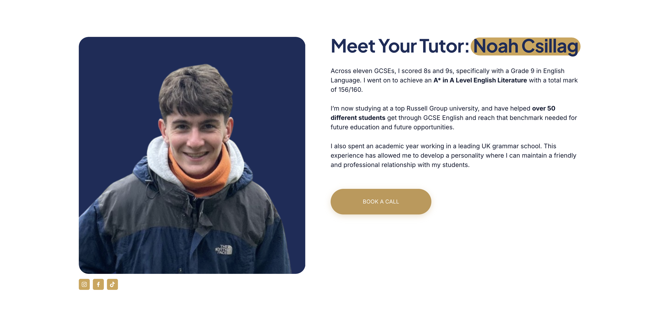 Profile photo of Noah Csillag, a young man with short brown hair, smiling, wearing a dark jacket and orange neck gaiter, against a dark blue background.