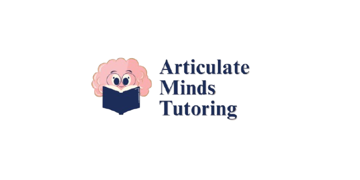 Logo with an illustrated pink brain with eyes and a smile, holding a blue book. Text reads "Articulate Minds Tutoring" in blue.