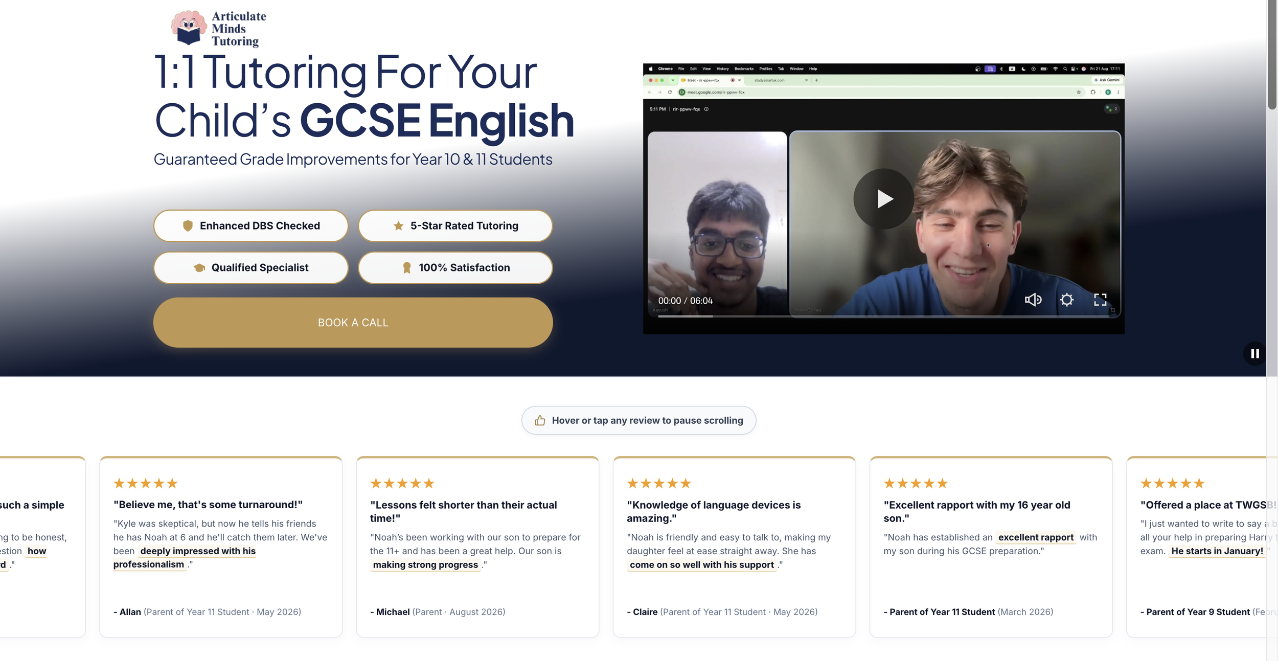 Screenshot of a tutoring website titled "1:1 Tutoring For Your Child’s GCSE English," featuring a video call with two smiling students and links to reviews and booking options.
