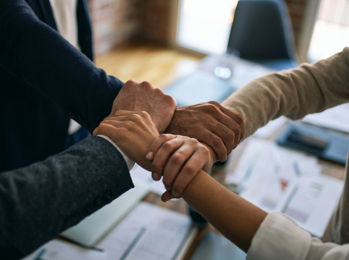 Groupe de personnes se tenant la main en signe d'unité ou de coopération dans un environnement de bureau.