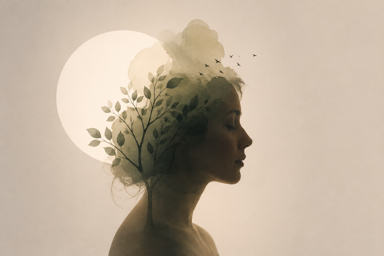 Une femme en profil avec un arbre, des nuages et un soleil en superposition, créant une image artistique et abstraite.