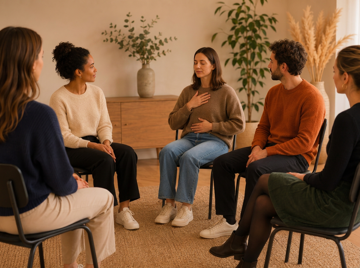 Groupe de six personnes en séance de thérapie ou de groupe de soutien, assises en cercle dans une pièce chaleureuse avec des plantes et une ambiance apaisante.