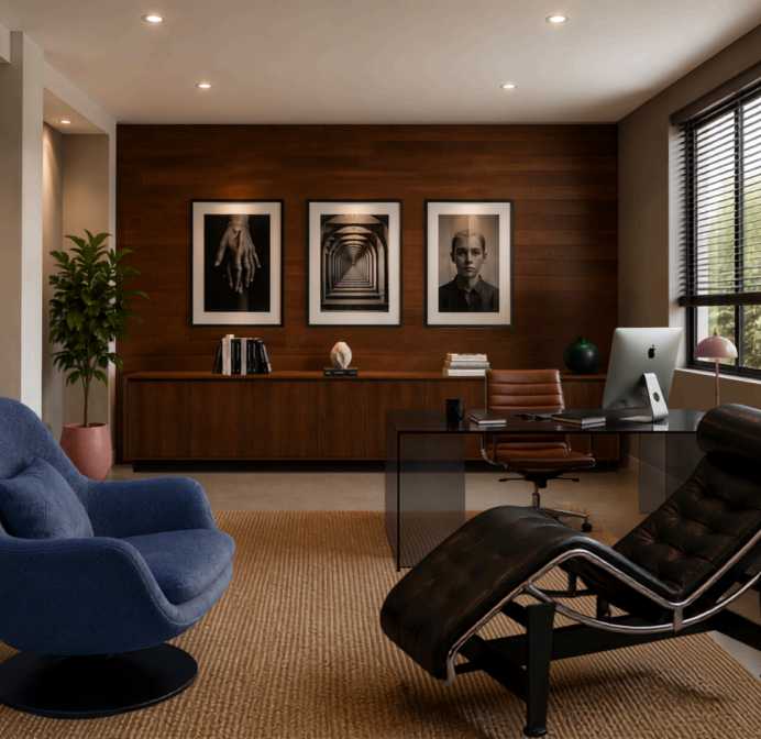 Un bureau moderne avec un mur en bois, un bureau en verre noir avec un ordinateur, une chaise en cuir marron, un fauteuil en cuir noir, un fauteuil en tissu bleu, une grande plante verte, des cadres photo monochromes sur le mur, une lampe rose, une fenêtre avec volets, et un tapis beige.