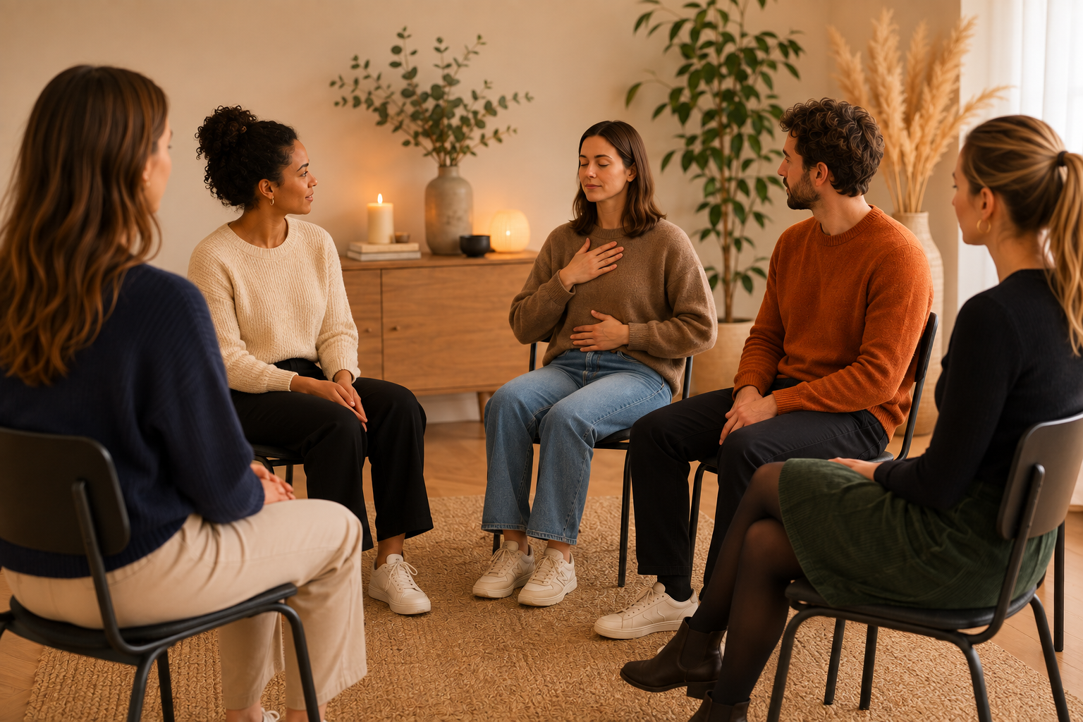 Groupe de cinq personnes en séance de thérapie ou méditation en cercle dans une pièce chaleureuse avec des plantes et des bougies.