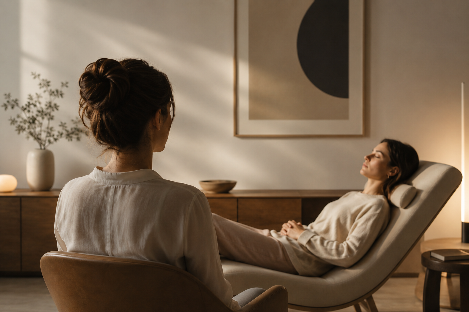 Deux femmes en séance de thérapie dans une pièce apaisante avec décoration minimaliste.