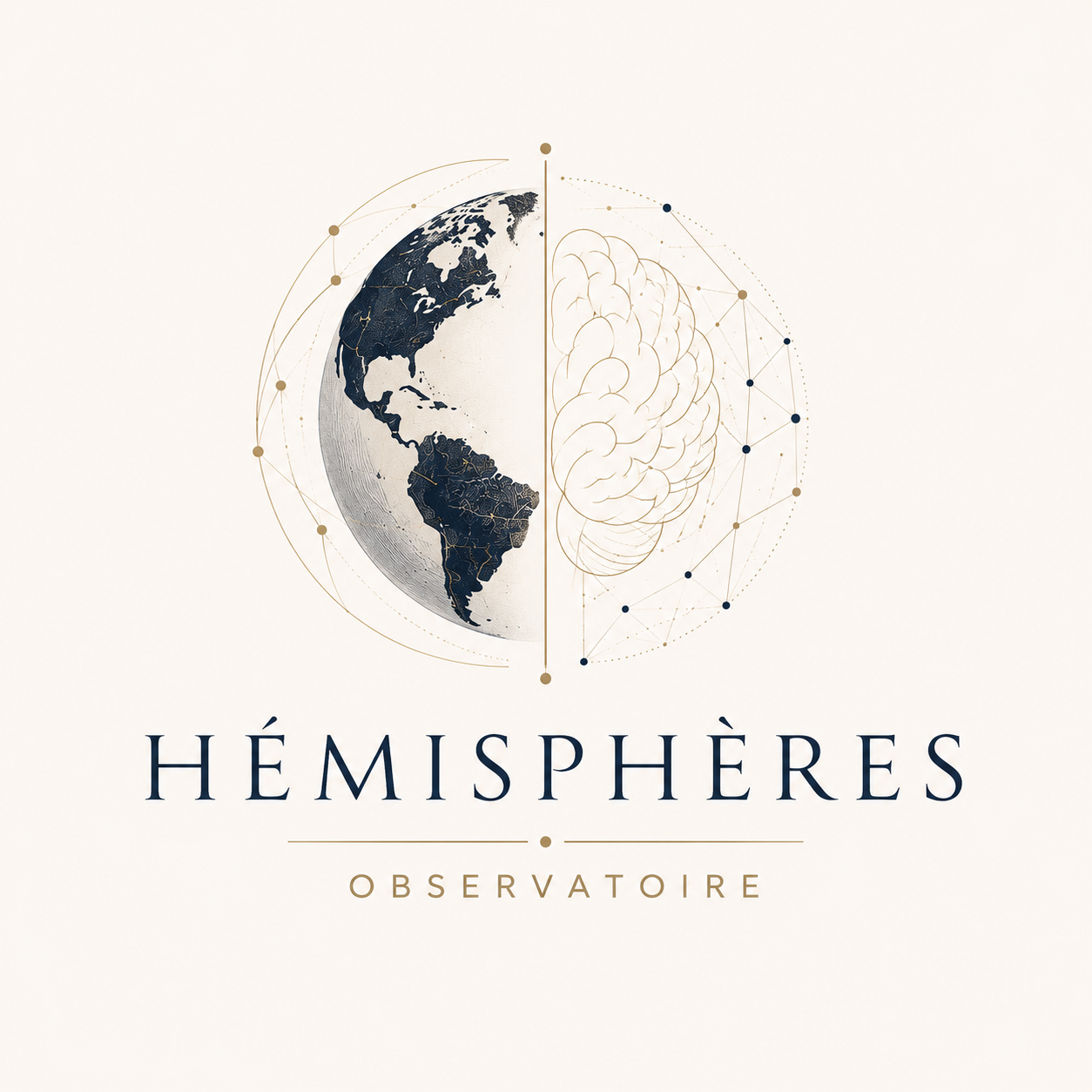 Illustration de la moitié ouest de la Terre avec une moitié de cerveau stylisé, le tout entouré de points et de lignes connectant des éléments, avec le texte 'Hémisphères Observatoire' en dessous.