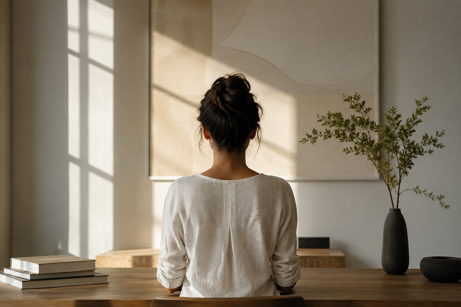 Femme vue de dos, assise à une table en bois dans un espace lumineux avec une grande fenêtre et une œuvre d'art abstraite en arrière-plan. Un vase avec des feuillages et quelques livres sont sur la table.