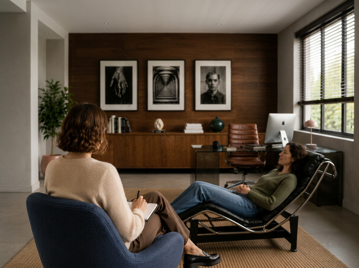 Une séance de thérapie ou de consultation dans un cabinet moderne. Deux femmes sont présentes : une assise dans un fauteuil bleu, prenant des notes, et l'autre allongée sur une chaise longue, parlant.