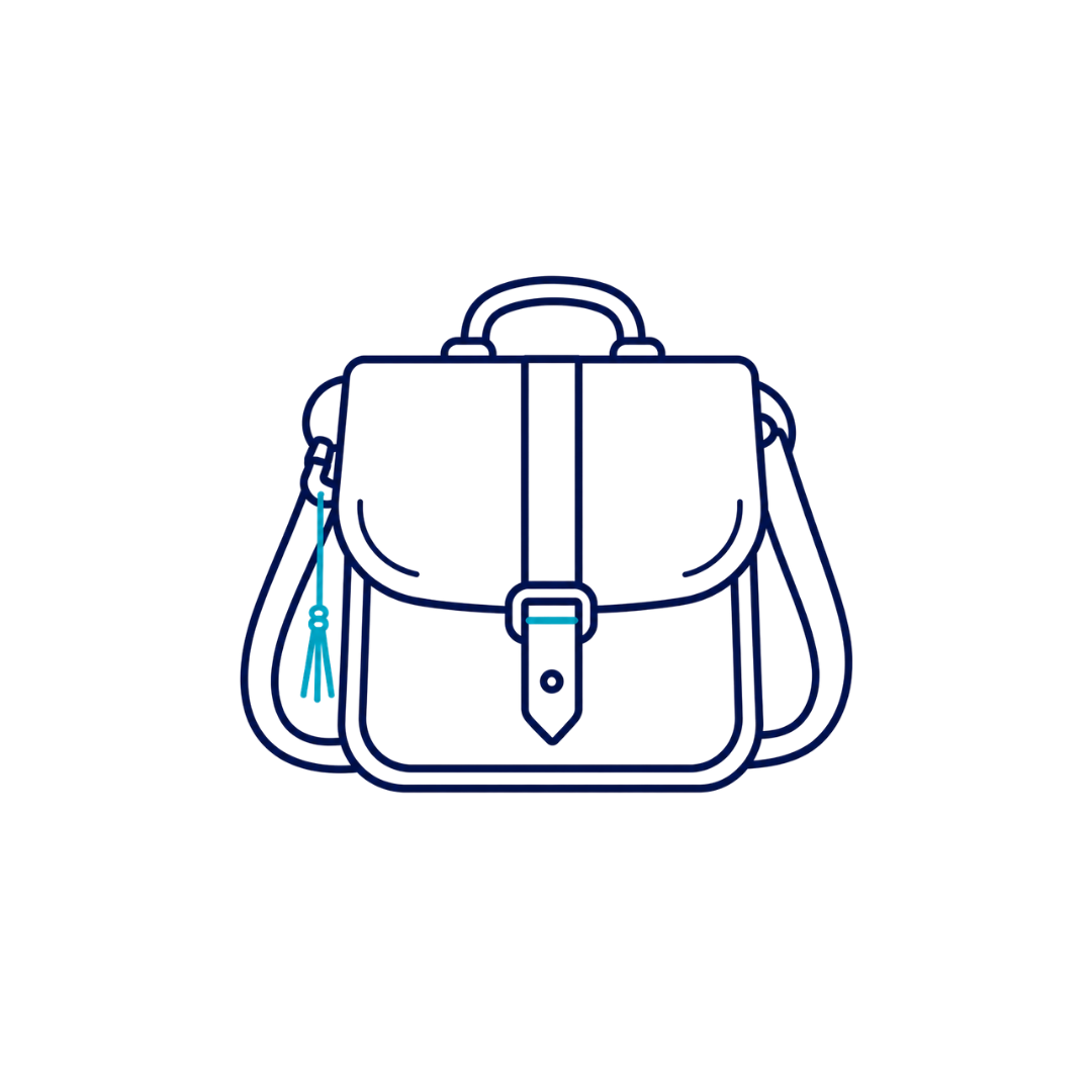 A neon line drawing of a backpack with a front flap, buckle, handle, and side straps on a black background.