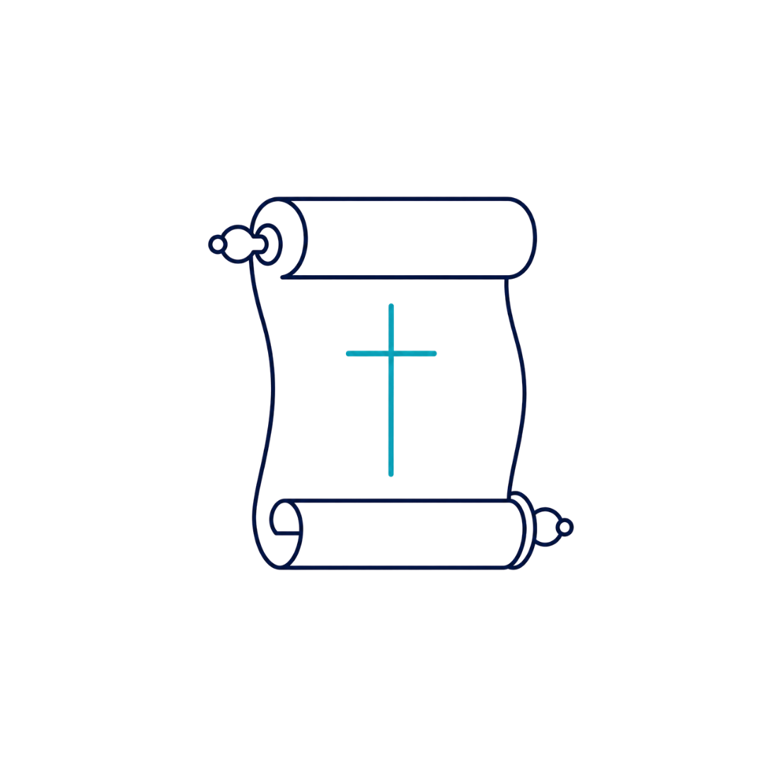 A digital drawing of a scroll with a blue cross and blue shaded area, on a dark background.