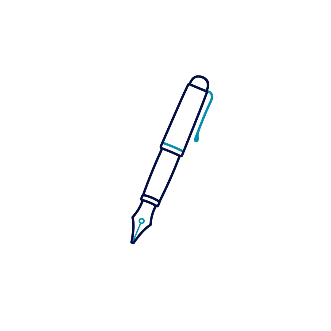 Neon outline drawing of a fountain pen with the nib pointing downward.