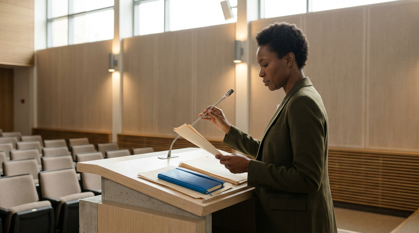 A woman in a green blazer is speaking or presenting at a podium in an auditorium, reviewing papers and documents.