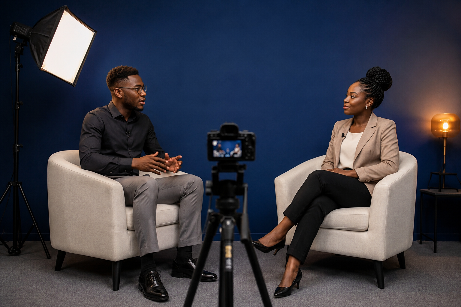 A man and woman having an interview or conversation in a studio with dark blue background, sitting in white armchairs, with a camera recording them and studio lighting.