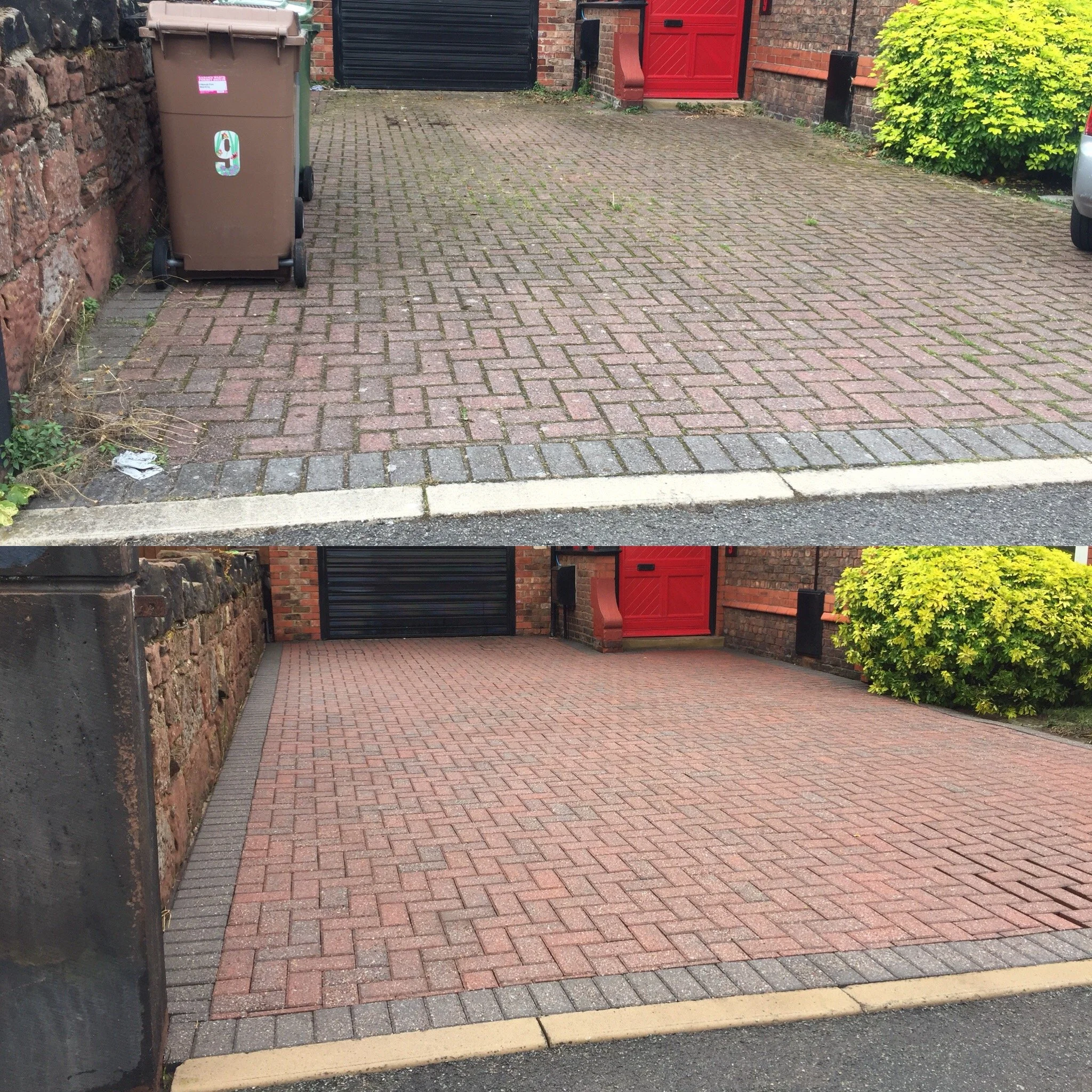 Comparison of two different brick road surface patterns, with the upper image showing a more worn surface and the lower image showing a newly installed pattern.