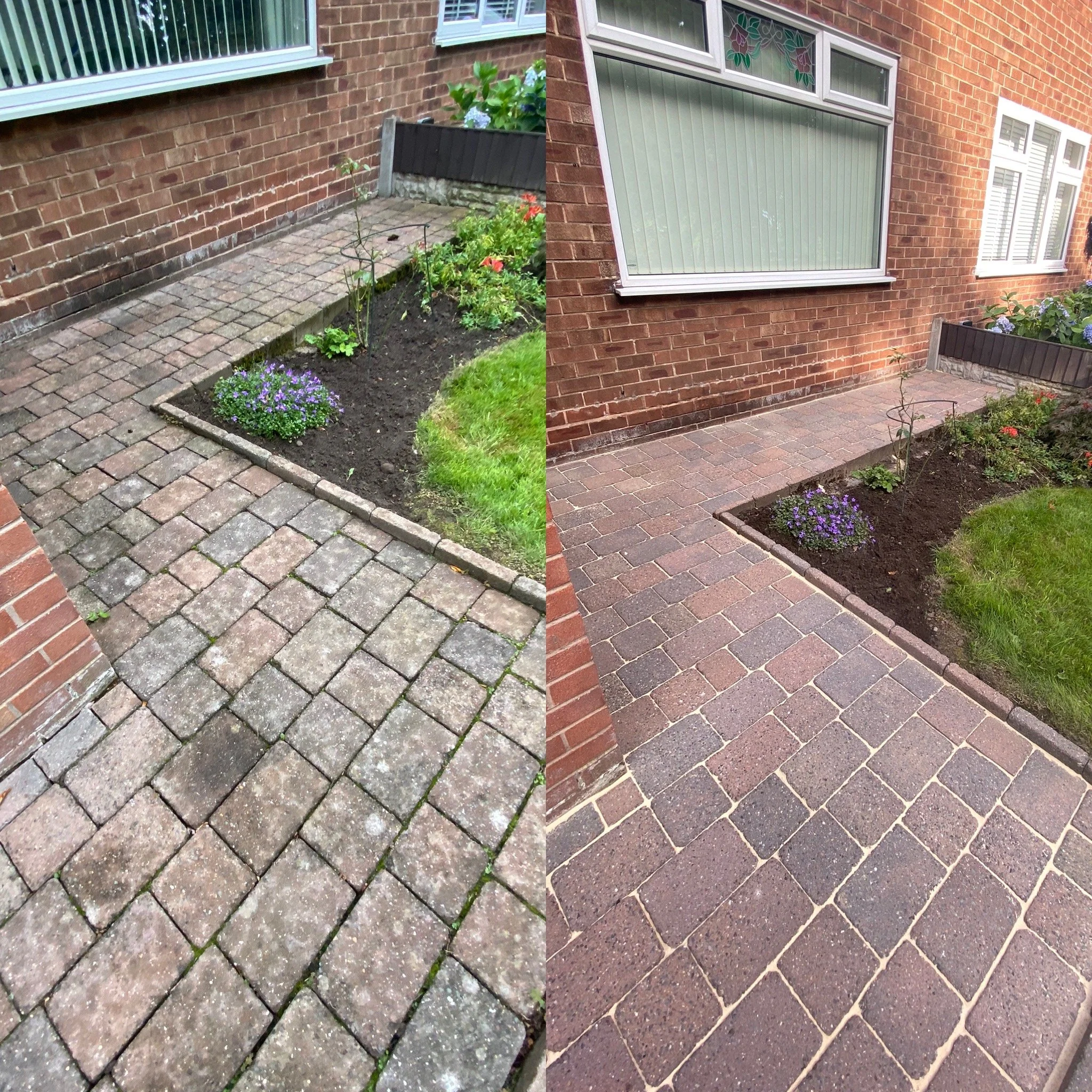Side-by-side comparison of a brick-paved pathway and flowerbed outside a house, showing before and after cleaning or renovation.