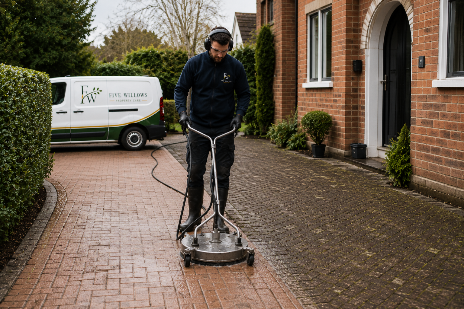 A man wearing black gloves, overalls, and protective headphones is pressure washing a brick driveway outside a brick house with potted plants near the door. A white van with green and yellow signage for Five Willows Property Care is parked nearby.