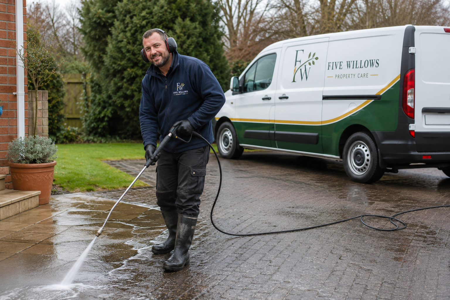 A man wearing a navy blue jacket and black waterproof boots is pressure washing a concrete driveway. He is smiling and wearing noise-canceling headphones. Behind him, a white and green van with the logo 'Five Willows Property Care' is parked nearby, and there are trees and a brick house in the background.