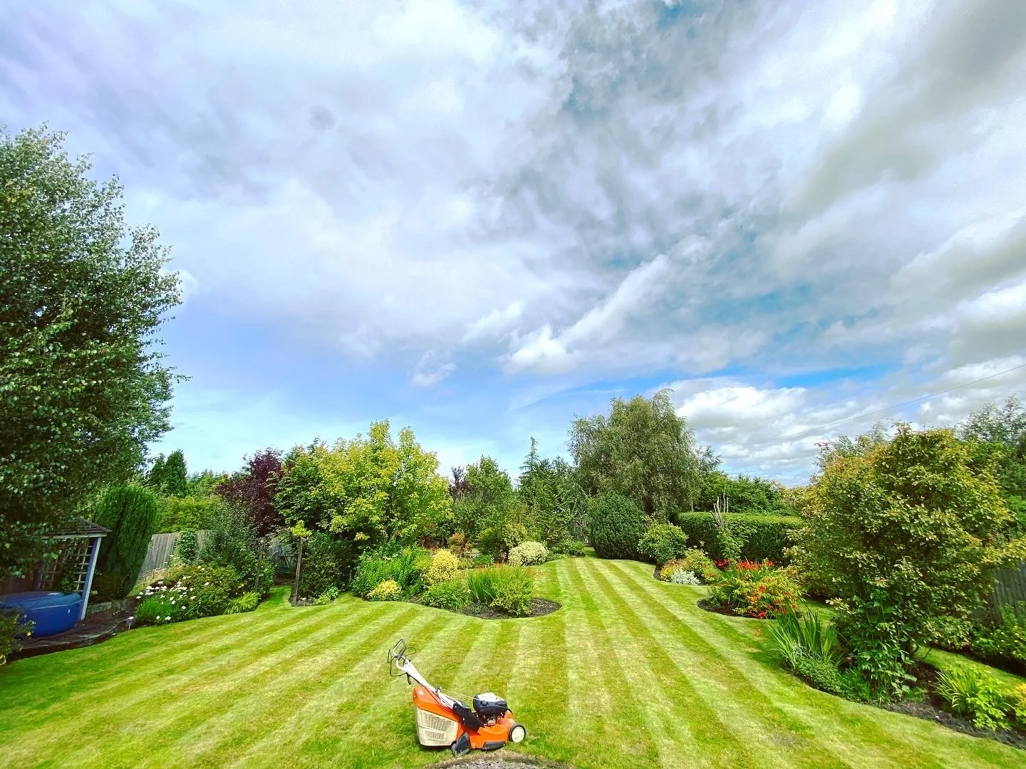 A lush green backyard with well-maintained grass, various bushes and trees, and a lawn mower on the grass, under a partly cloudy sky.