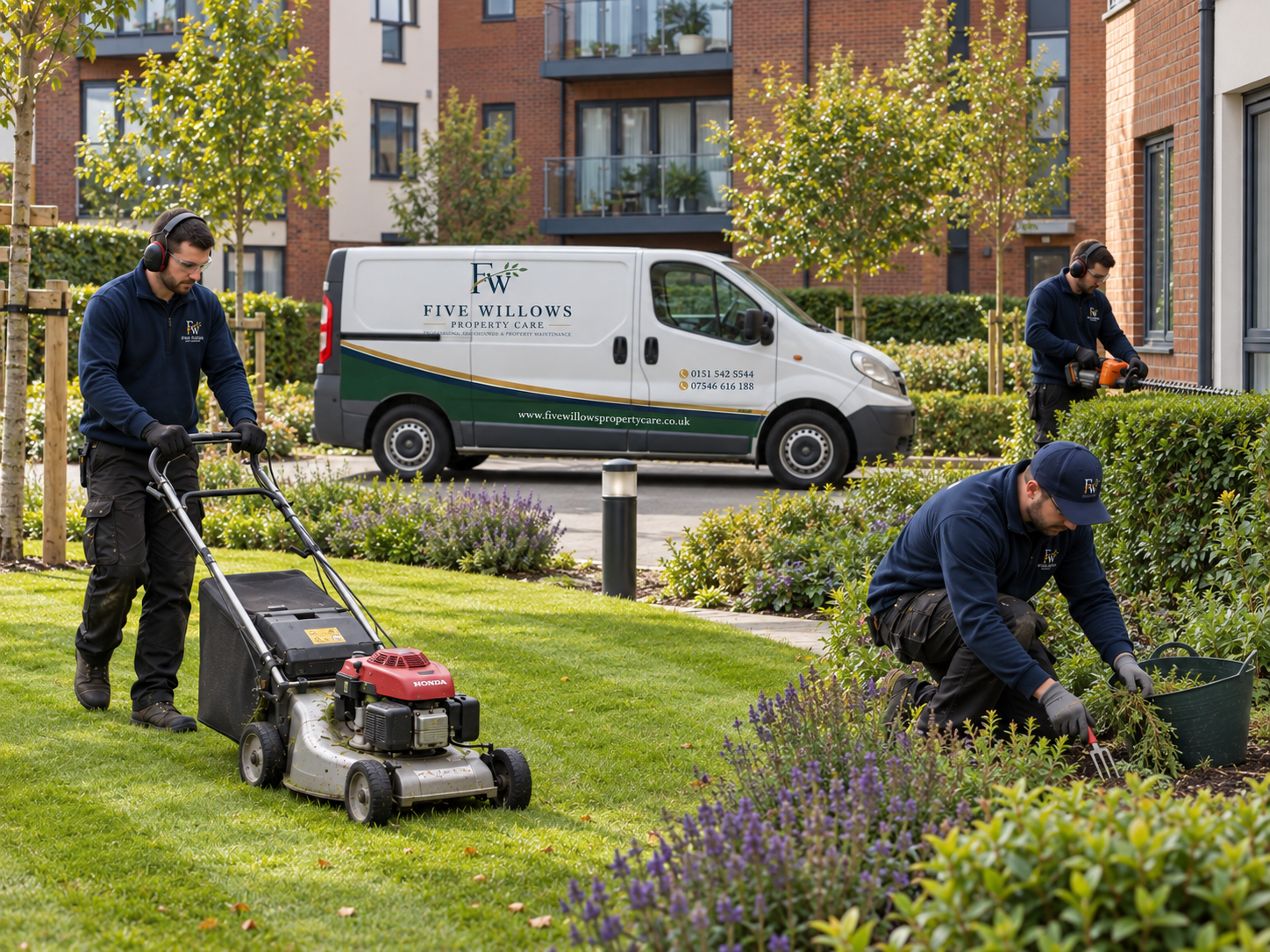 Three workers from Five Willows Property Care gardening in a residential garden, with a company van parked on the street in the background.