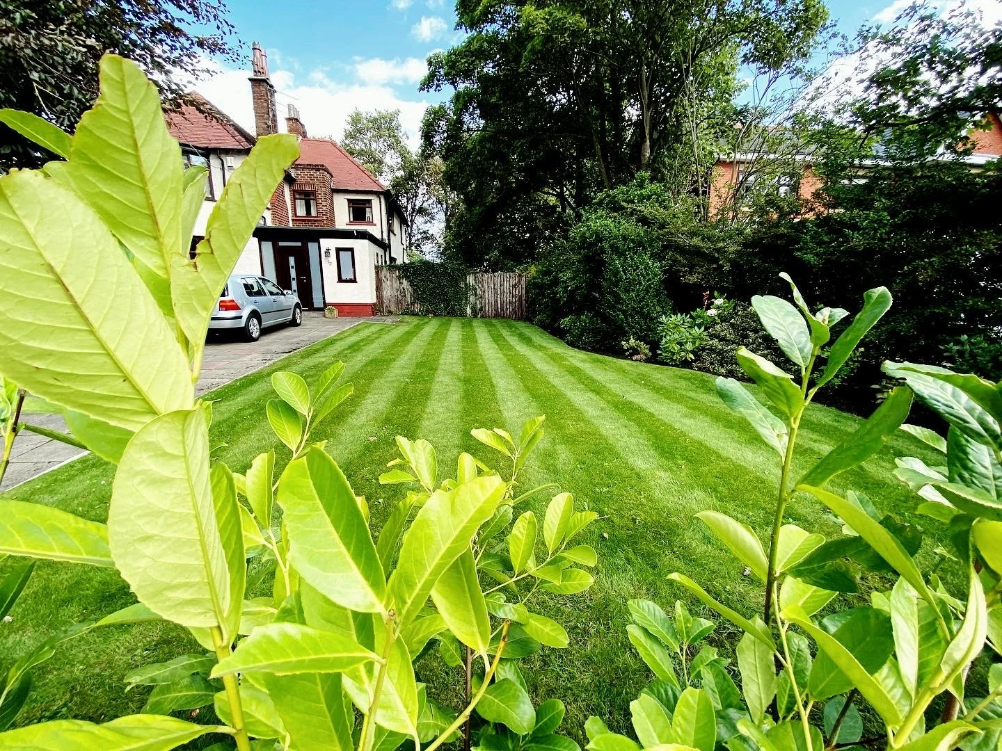 View of a green lawn with freshly cut grass, a paved driveway with a silver car, and a white and red brick house with multiple stories in the background. Tall trees and bushes surround the yard, and the sky is partly cloudy.