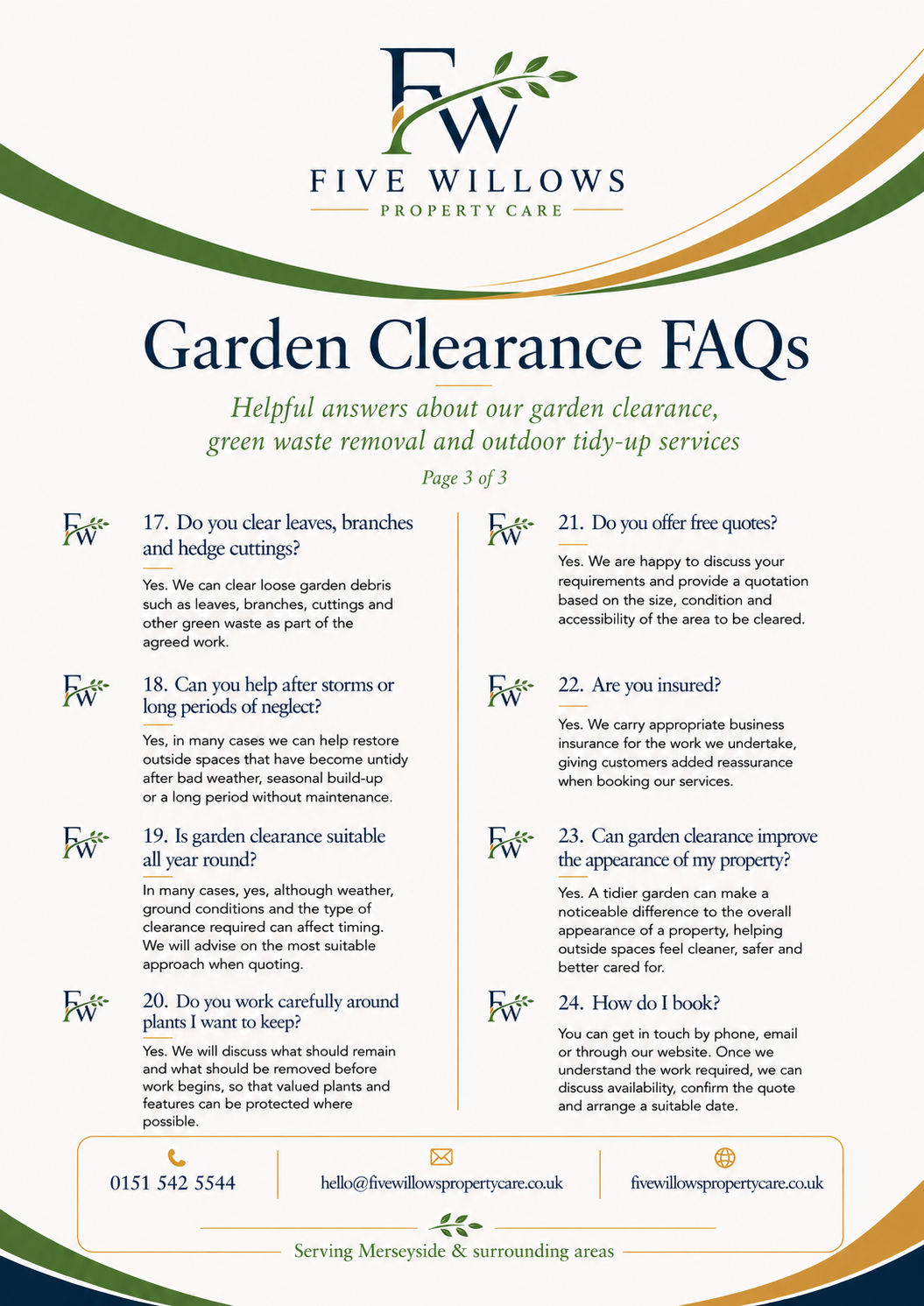 Flyer for Five Willows Property Care with FAQs about garden clearance services, including questions about leaf and hedge removal, storm help, year-round clearance, insurance, and booking. Contains contact info and office hours, with green, white, and gold design elements.