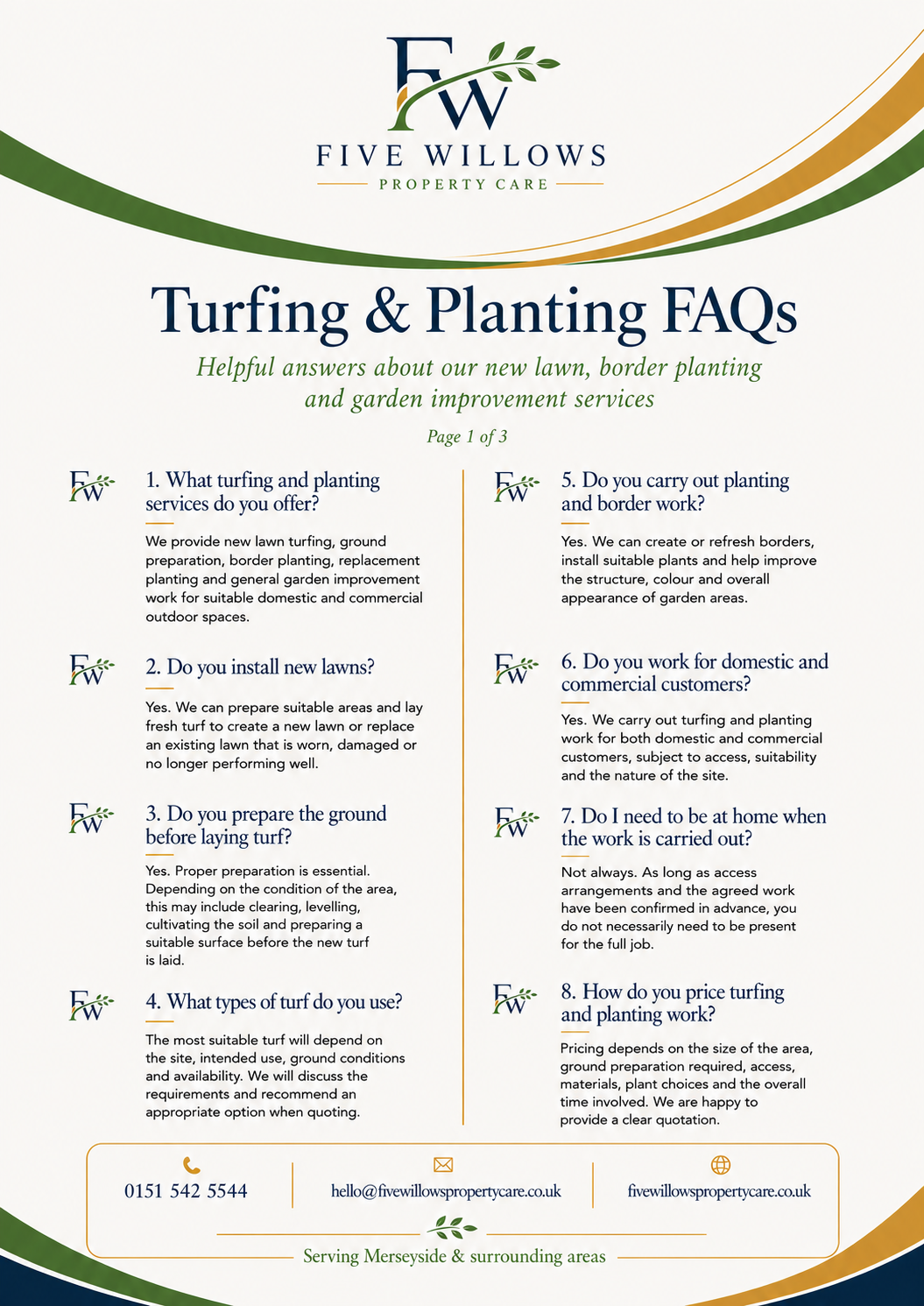 Flyer titled 'Turfing & Planting FAQs' from Five Willows Property Care, listing common questions and answers about turfing and planting services.