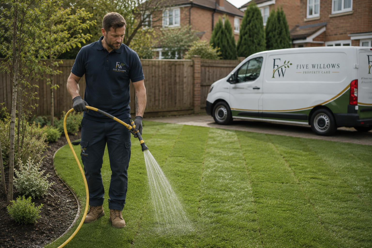 A man watering a green lawn in a backyard with a garden bed, trees, a wooden fence, and a white property care van in the background.