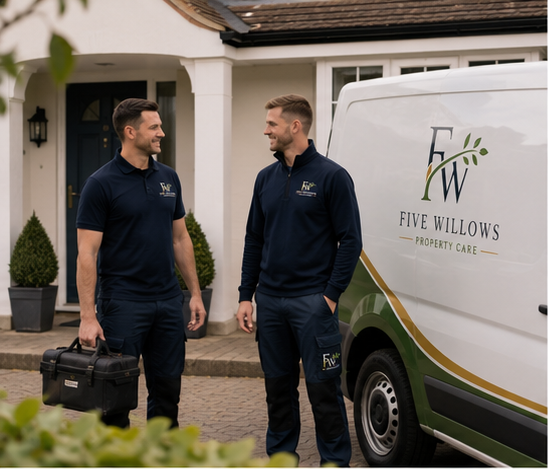 Two men in matching navy blue uniforms with Five Willows Property Care logo, standing outside a house near a white service van with the same logo, engaged in conversation.
